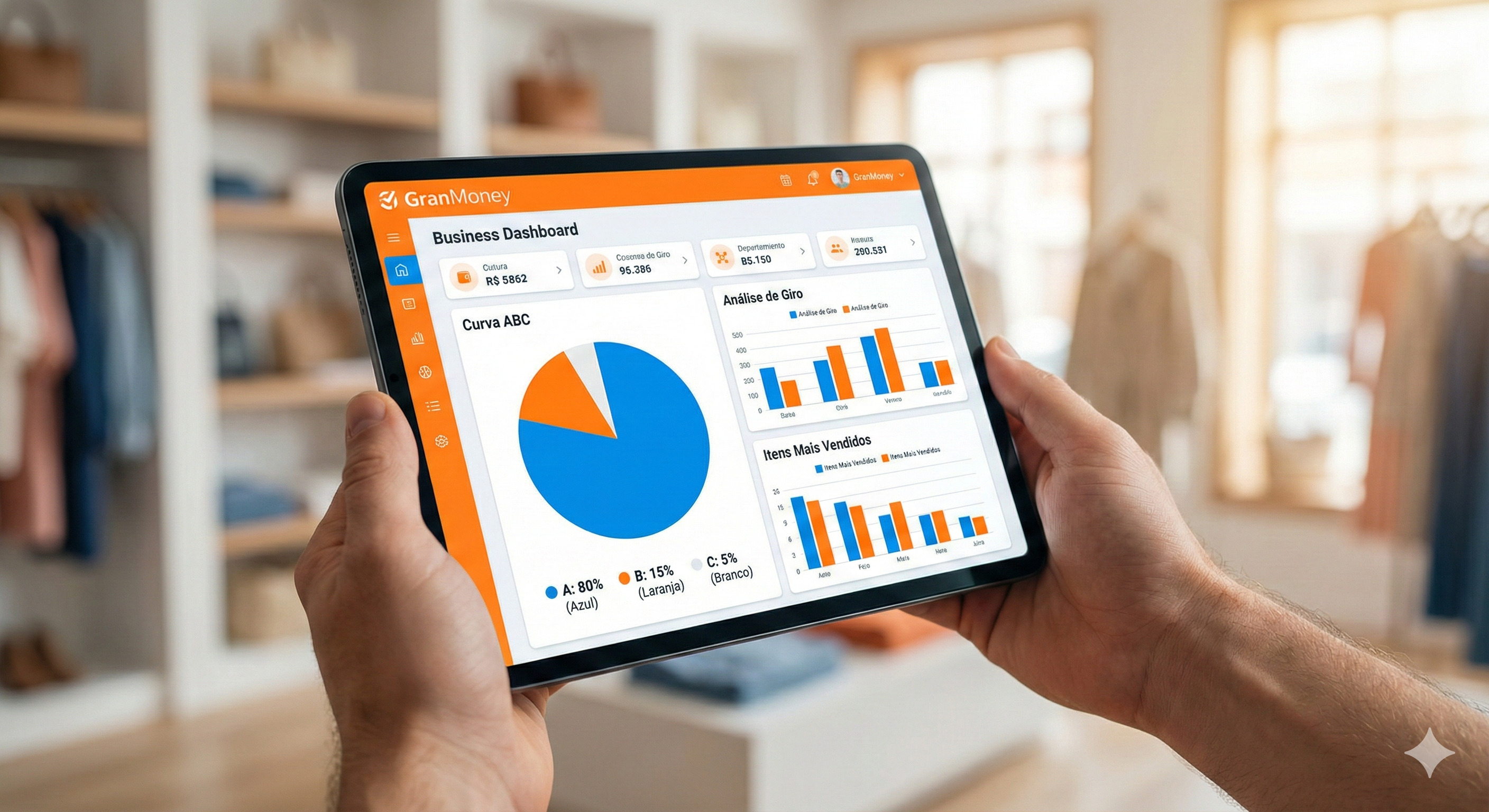 Dashboard mostrando análise de giro de estoque com gráficos de tendência e curva ABC no sistema GranMoney