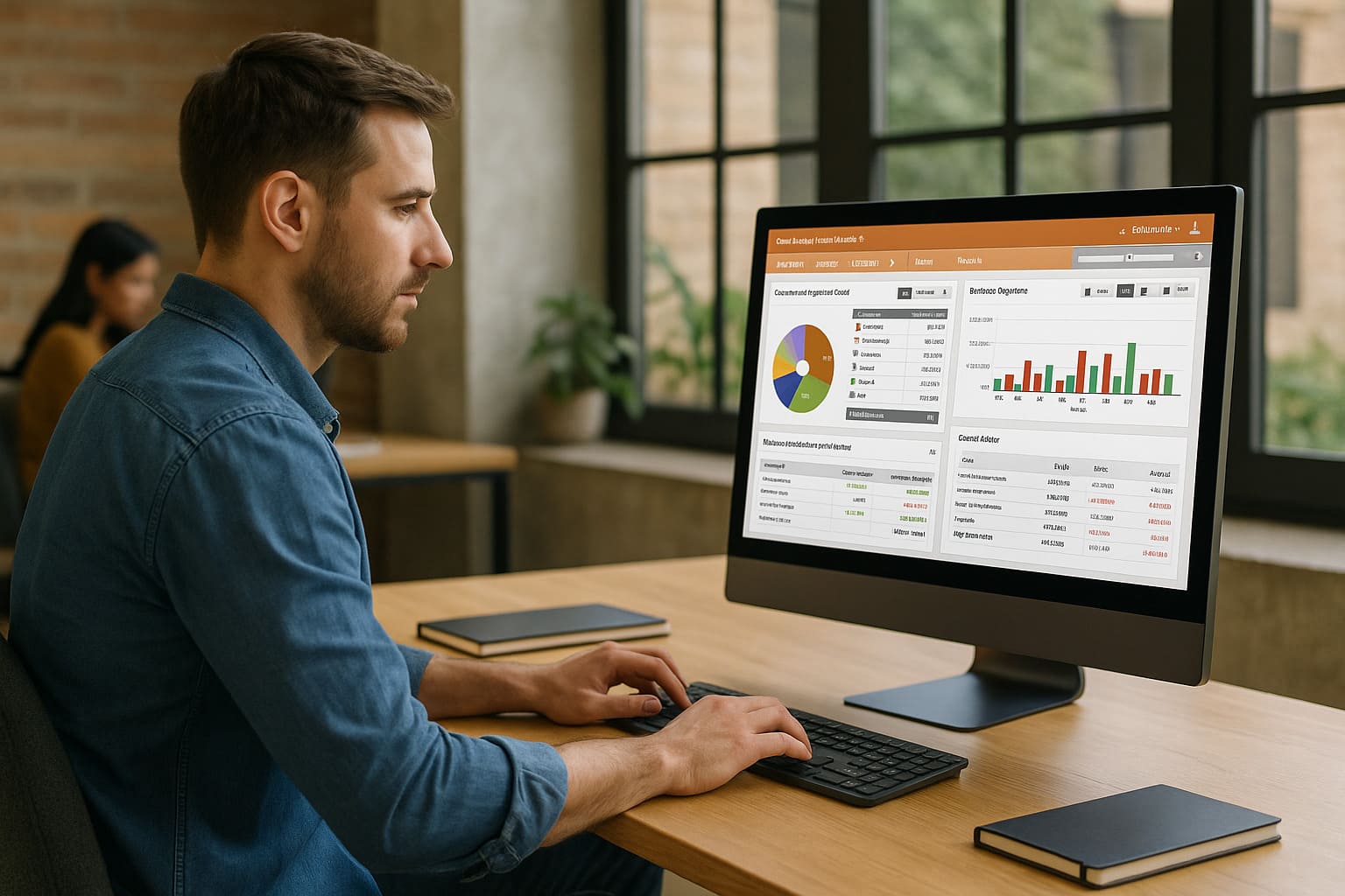 Empresário utilizando o sistema GranMoney em seu computador com dashboards financeiros interativos e relatórios detalhados na tela