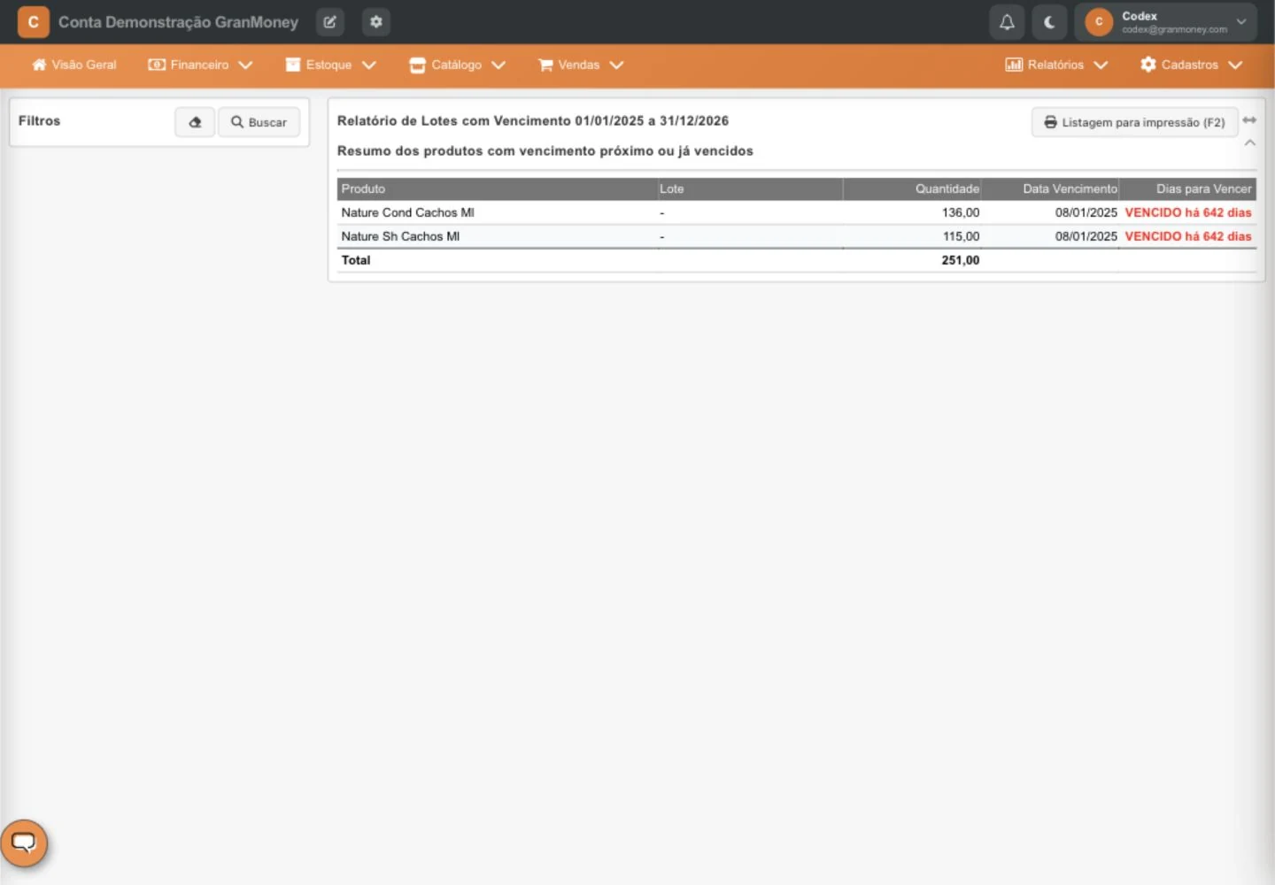 Relatório de produtos com lote e data de validade
