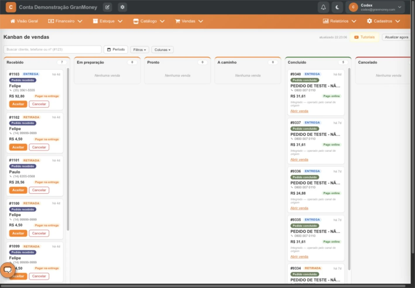 Kanban de vendas na gestão web com pedidos de entrega, retirada e pagamento online
