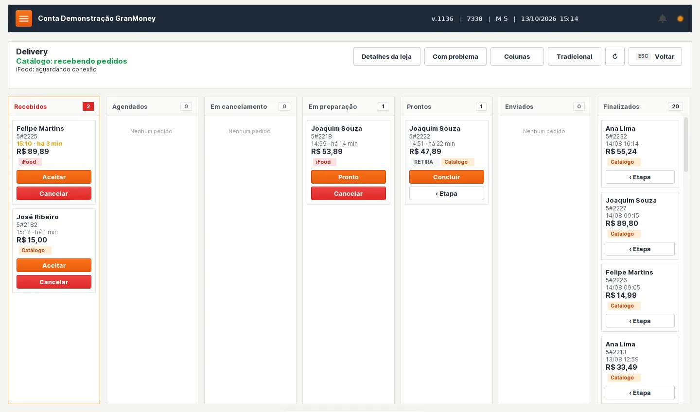 Quadro de delivery do PDV com colunas Recebidos, Agendados, Em preparo, Prontos, Enviados e Finalizados e selos iFood e Catálogo