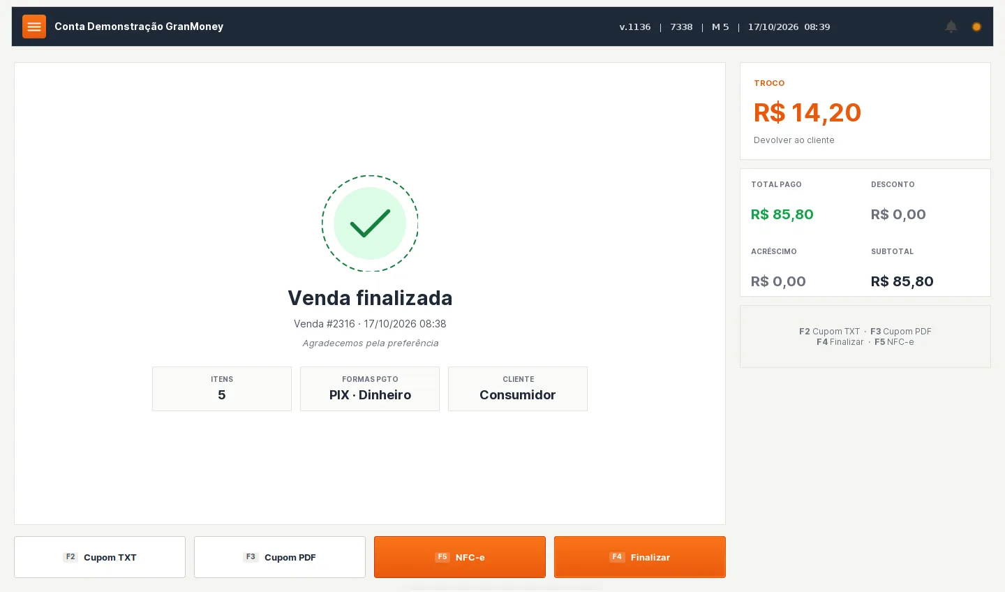 Tela de venda finalizada do PDV com troco de R$ 14,20, formas Pix e dinheiro e os botões Cupom TXT, Cupom PDF, NFC-e e Finalizar