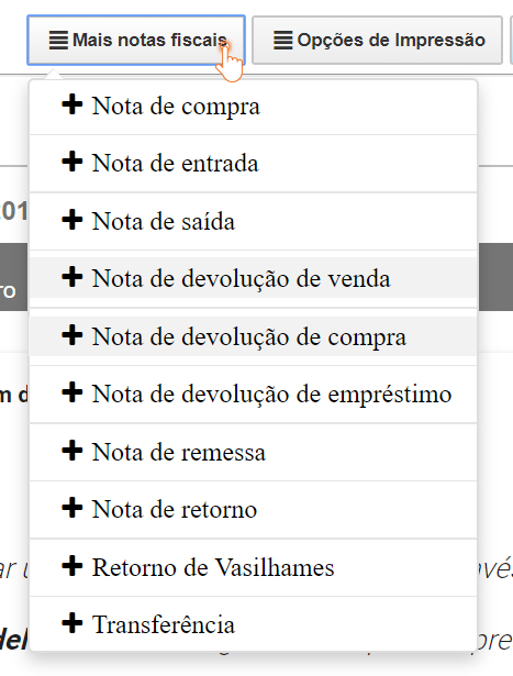 Opções de emissão de nota fiscal de devolução Opções de emissão de nota fiscal de devolução