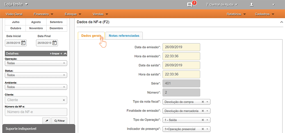 Preenchimento dos dados da nota fiscal de devolução Preenchimento dos dados da nota fiscal de devolução