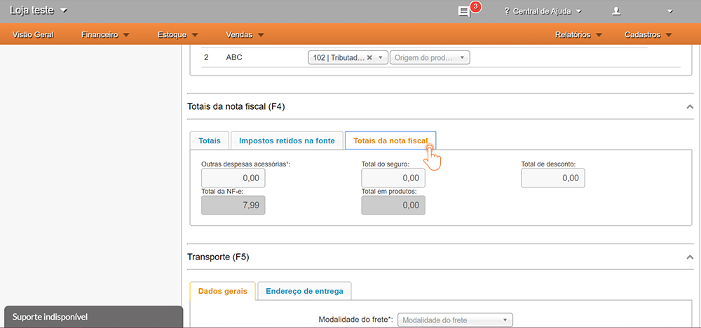 Preenchimento dos demais impostos e valor total da nota fiscal no processo de emissão de nota fiscal de devolução no sistema GranMoney Preenchimento dos demais impostos e valor total da nota fiscal no processo de emissão de nota fiscal de devolução no sistema GranMoney