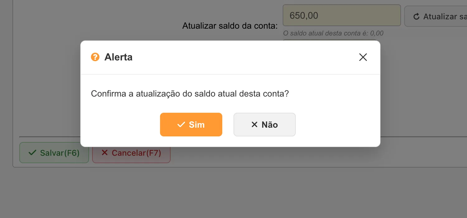 Alerta Confirma a atualização do saldo atual desta conta? com os botões Sim e Não sobre a ficha da conta.