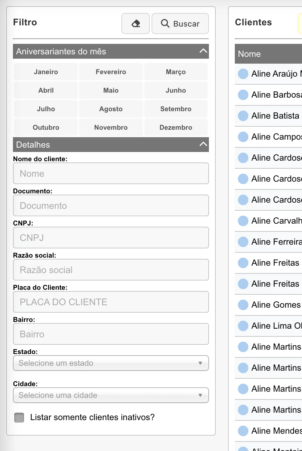 Painel de filtro da lista de clientes com o campo Placa do Cliente, que aparece quando o recurso de veículos está habilitado.
