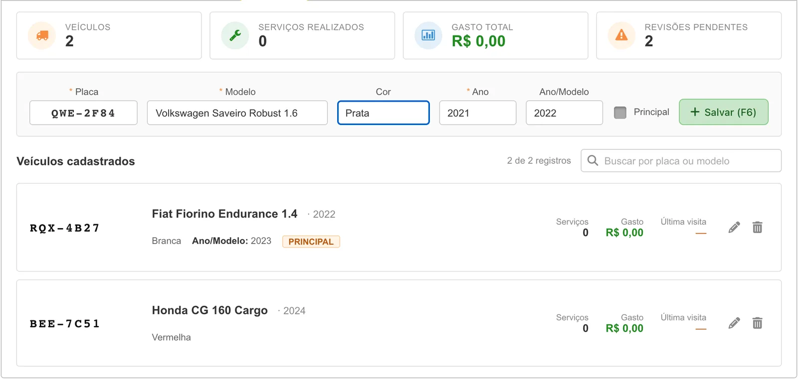 Formulário da aba Veículos preenchido com placa, modelo, cor, ano e ano/modelo antes de salvar.