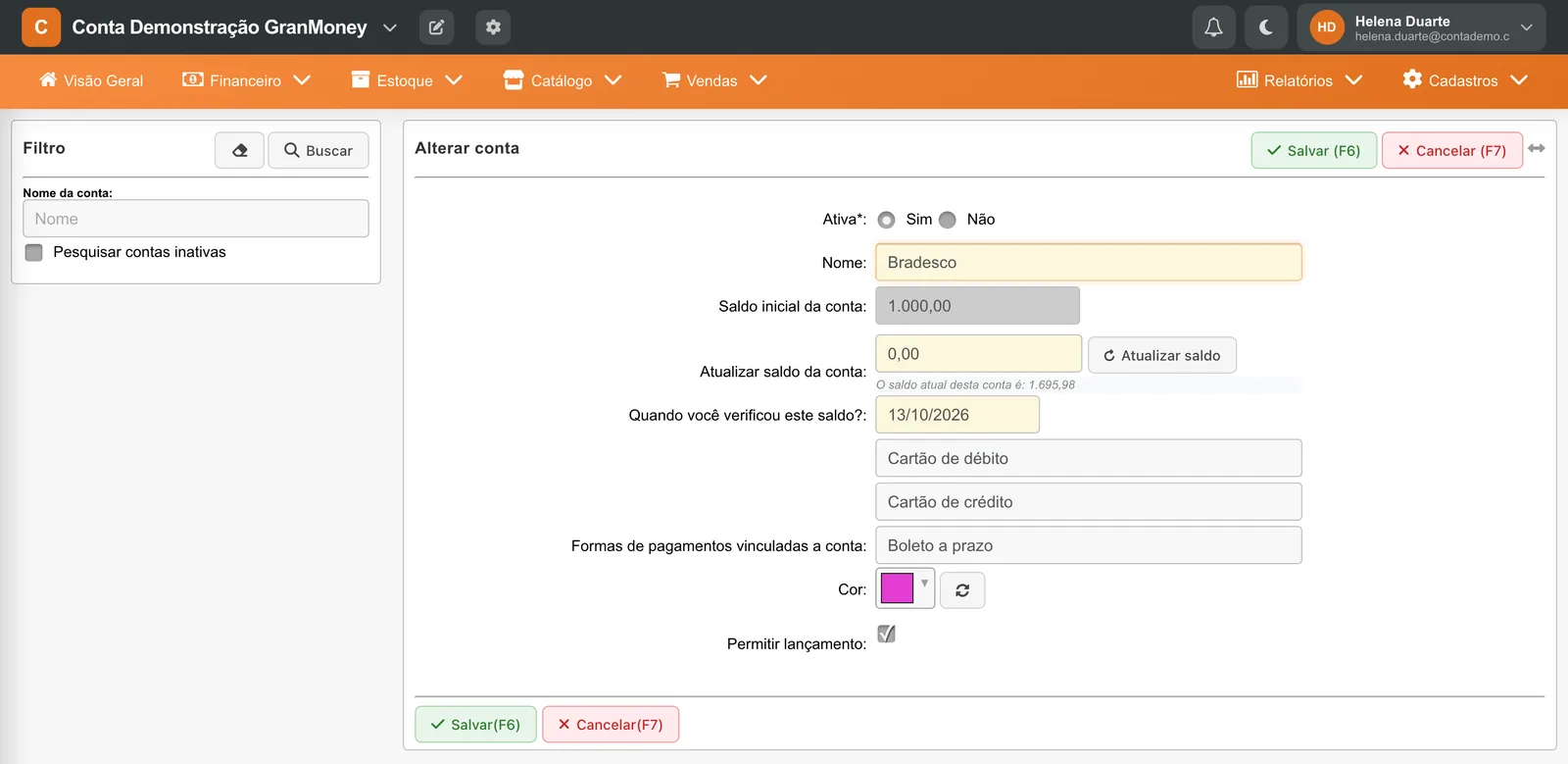 Ficha Alterar conta com saldo inicial, campo Atualizar saldo da conta, data do saldo, formas de pagamento vinculadas, cor e Permitir lançamento.
