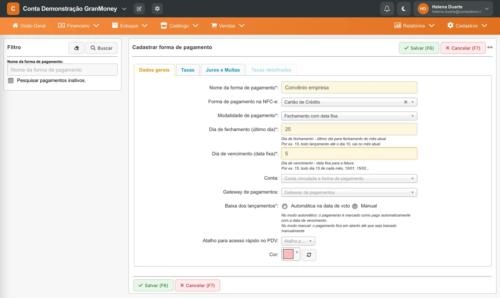 Nova forma de pagamento em Fechamento com data fixa, com Dia de fechamento 25 e Dia de vencimento 5.