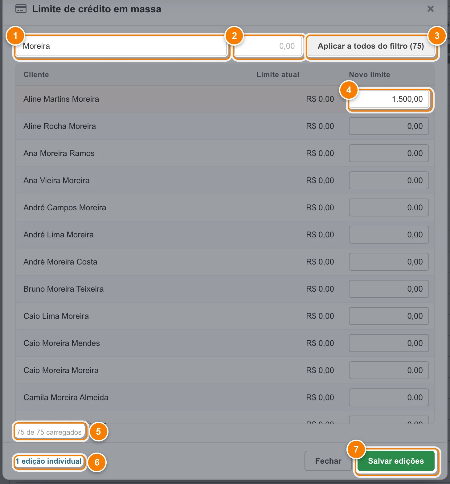 Editor de limite de crédito de clientes em massa