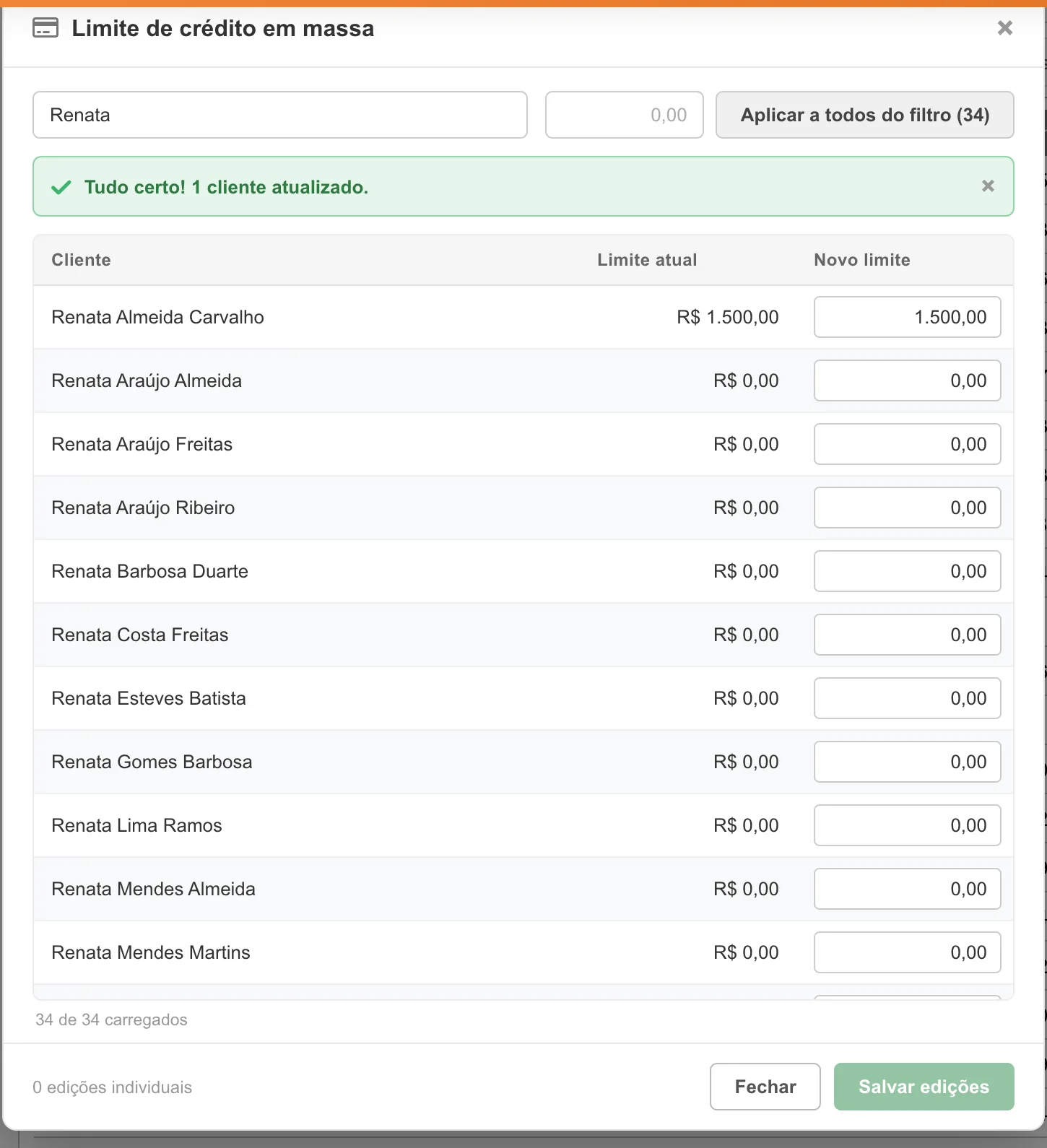Mensagem Tudo certo! 1 cliente atualizado. no editor de limite em massa, com o novo limite já exibido na coluna Limite atual.
