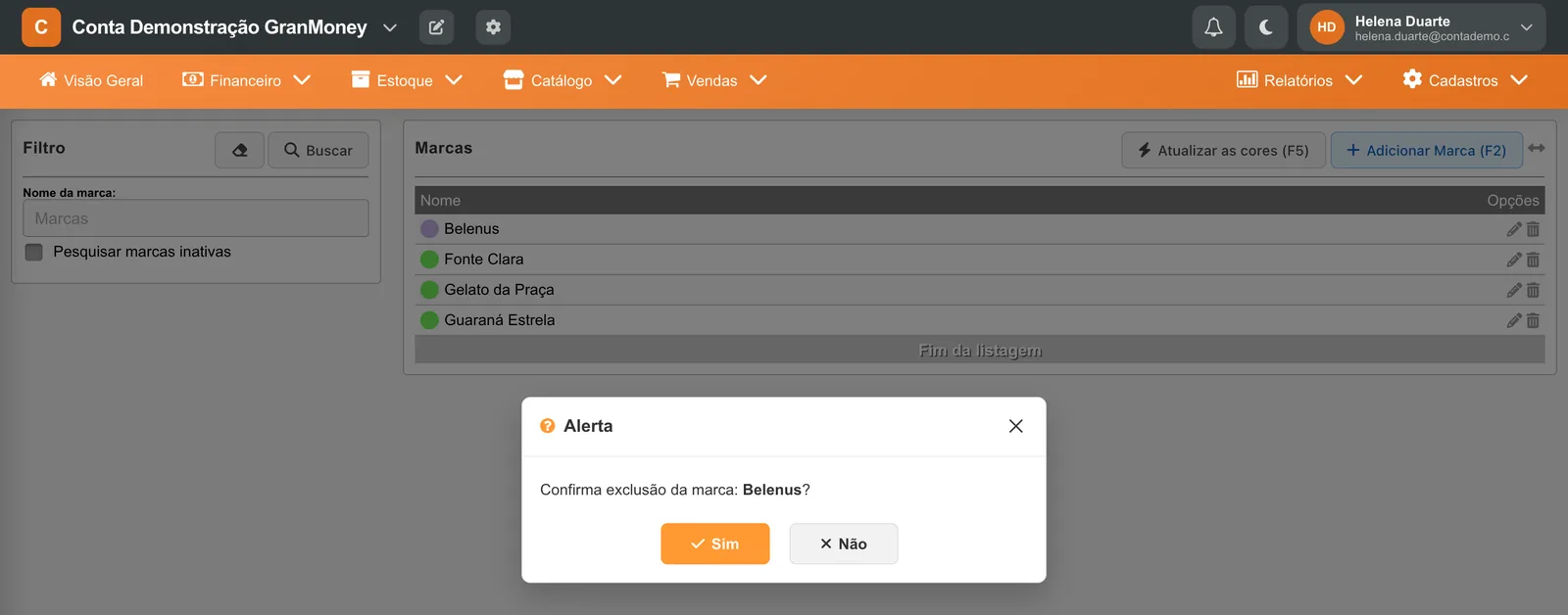Alerta Confirma exclusão da marca com os botões Sim e Não sobre a lista de marcas.