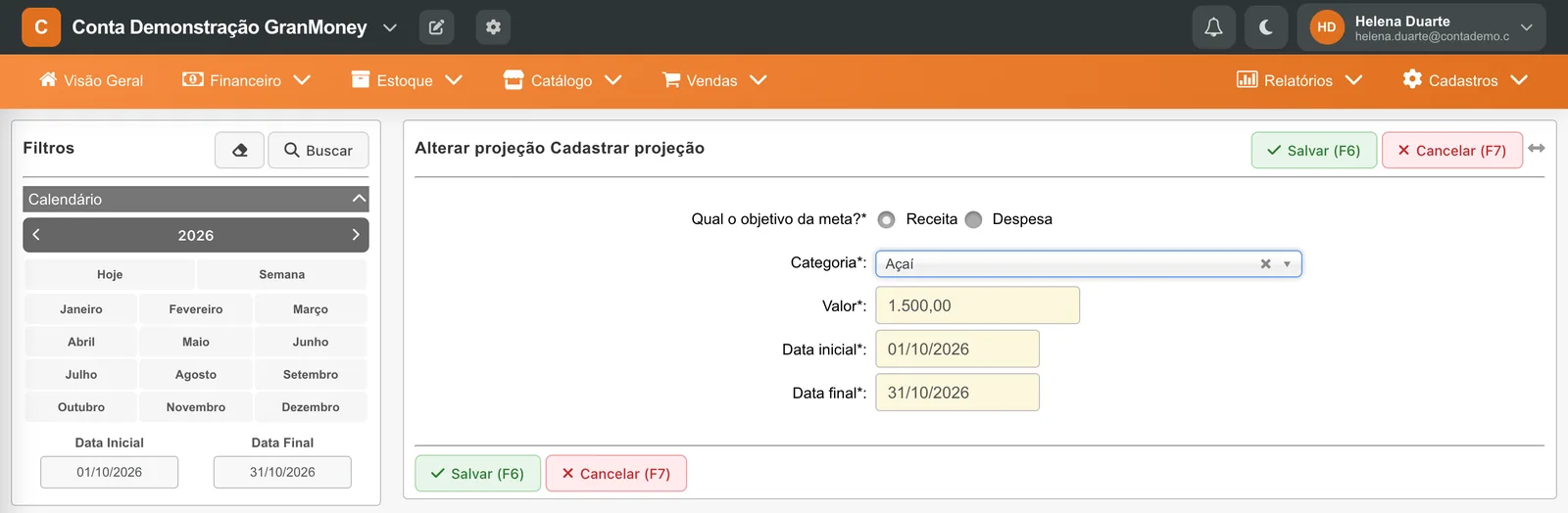 Ficha da projeção com objetivo receita ou despesa, categoria Açaí, valor de 1.500,00, data inicial e data final.