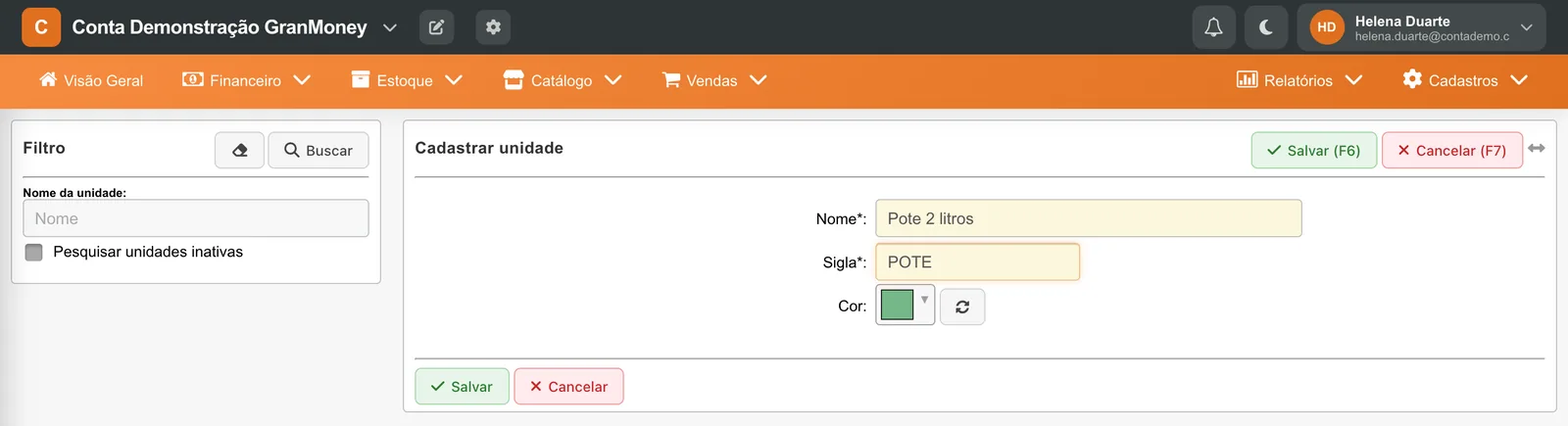 Formulário Cadastrar unidade com nome Pote 2 litros, sigla POTE e cor.