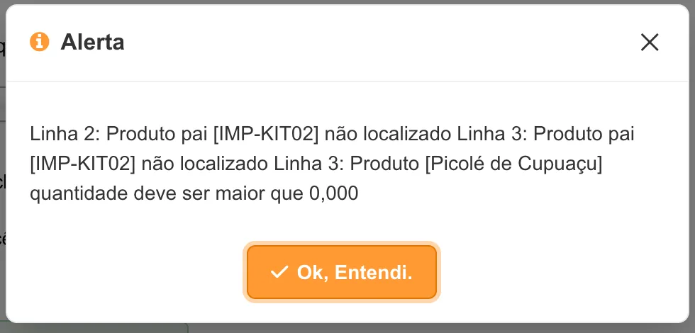Alerta listando as linhas 2 e 3 da planilha com produto pai não localizado e quantidade que deve ser maior que zero
