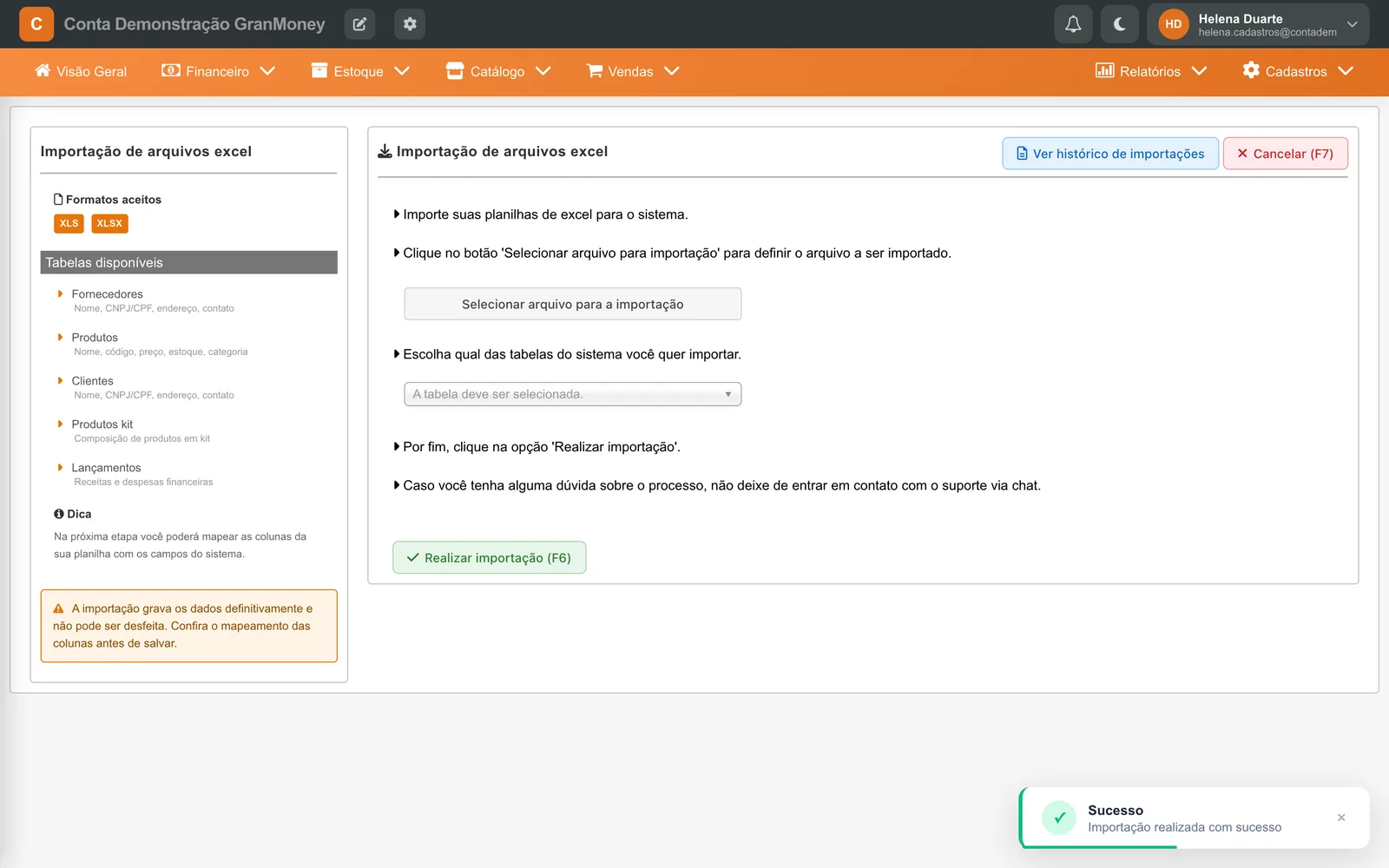 Tela de importação de volta ao início com o aviso Sucesso: Importação realizada com sucesso no canto inferior direito