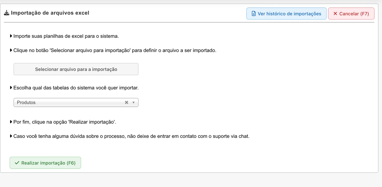 Área de importação com o botão Selecionar arquivo para a importação e a tabela Produtos selecionada