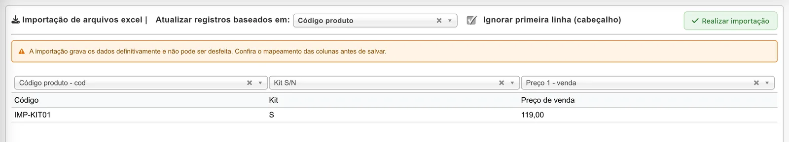 Tela de mapeamento com Atualizar registros baseados em Código produto e colunas Código produto, Kit S/N e Preço 1 - venda