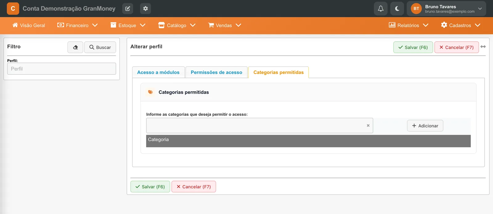Aba Categorias permitidas de um perfil já salvo, com o campo para escolher categorias e o botão Adicionar