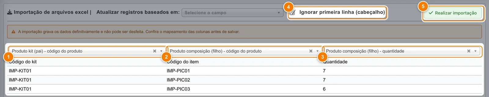 Mapeamento de 3 linhas de composição com Produto kit (pai) - código do produto (1), Produto composição (filho) - código do produto (2), Produto composição (filho) - quantidade (3), Ignorar primeira linha marcado (4) e Realizar importação (5).
