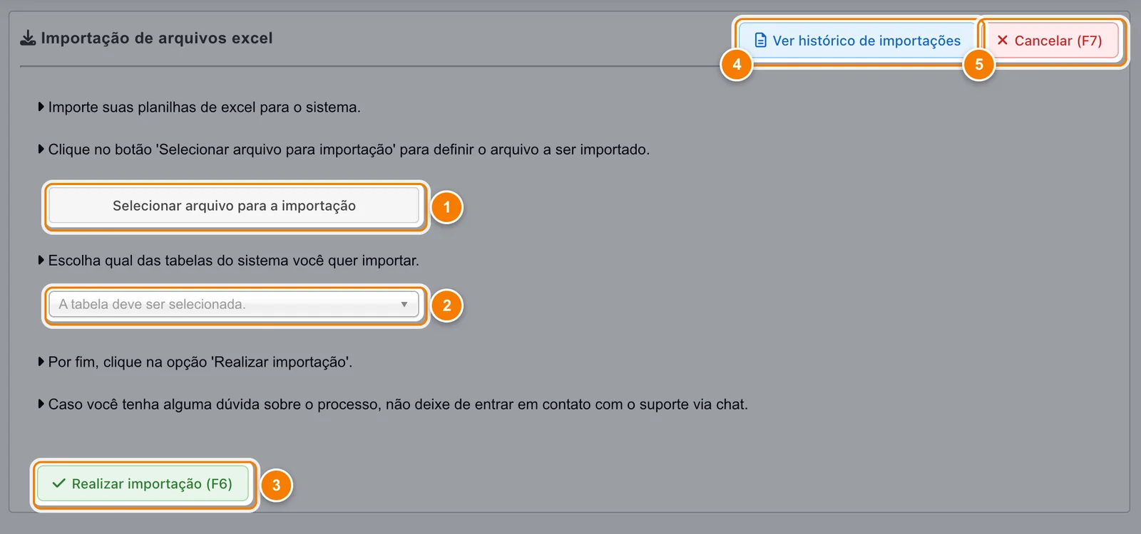 Tela Importação de arquivos excel com o botão Selecionar arquivo para a importação (1), a lista de tabelas (2), Realizar importação (F6) (3), Ver histórico de importações (4) e Cancelar (F7) (5).