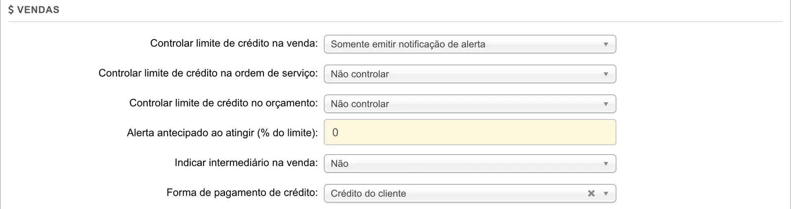 Seção Vendas com o controle de limite de crédito na venda, na ordem de serviço e no orçamento, alerta antecipado, intermediário e forma de pagamento de crédito.