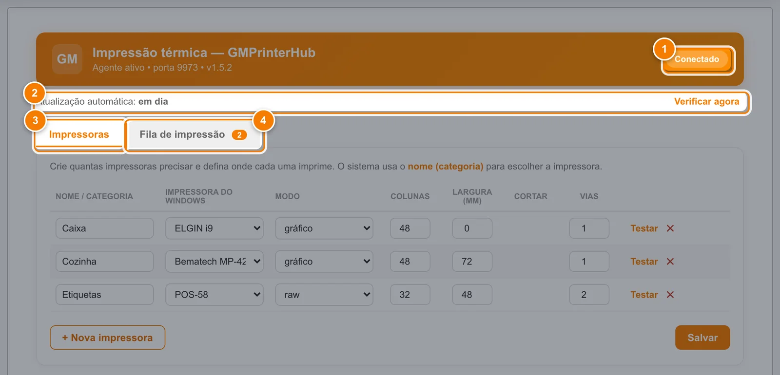 Impressão térmica conectada com o selo Conectado (1), a linha da atualização automática com Verificar agora (2), a aba Impressoras (3) e a aba Fila de impressão com a quantidade aguardando (4).