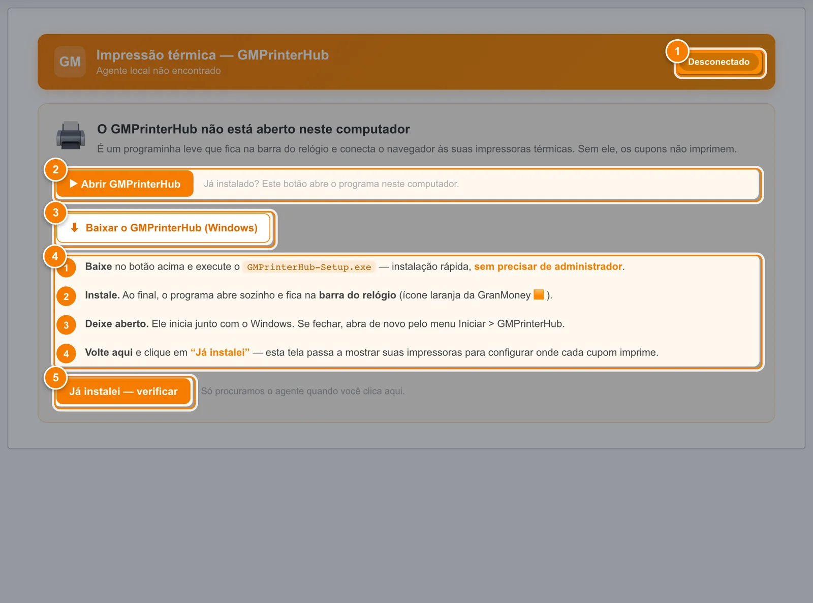 Tela Impressão térmica com o selo Desconectado (1), o botão Abrir GMPrinterHub (2), o botão Baixar o GMPrinterHub (Windows) (3), os quatro passos de instalação (4) e o botão Já instalei — verificar (5).