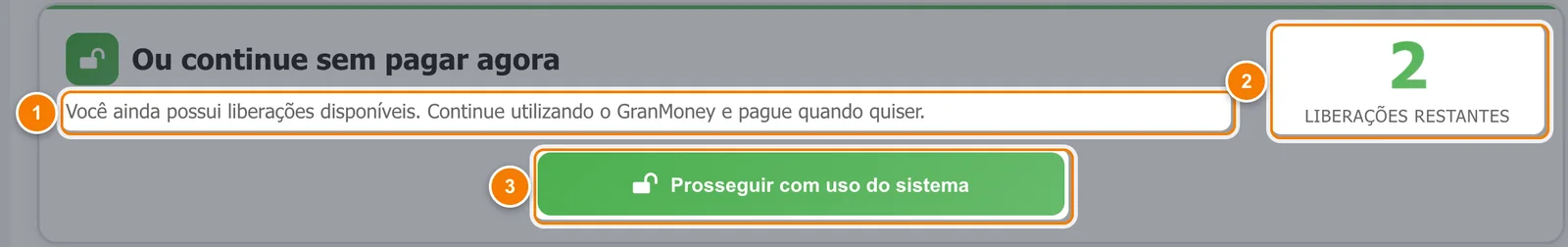 Quadro Ou continue sem pagar agora com destaque numerado no texto de liberações disponíveis, no contador de liberações restantes e no botão Prosseguir com uso do sistema