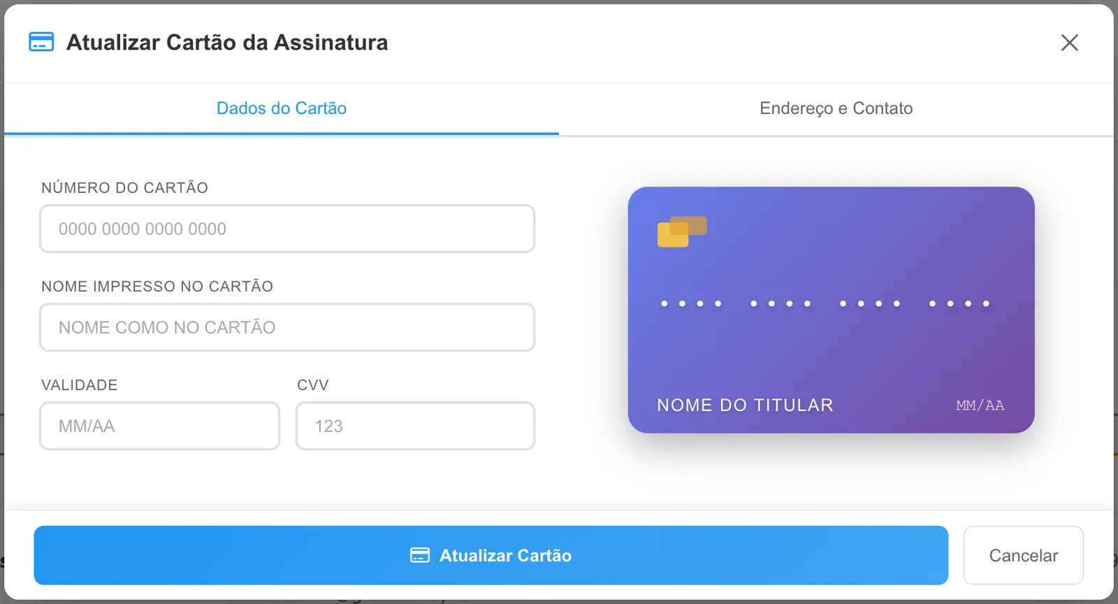 Janela Atualizar Cartão da Assinatura com as abas Dados do Cartão e Endereço e Contato, campos vazios e botão Atualizar Cartão