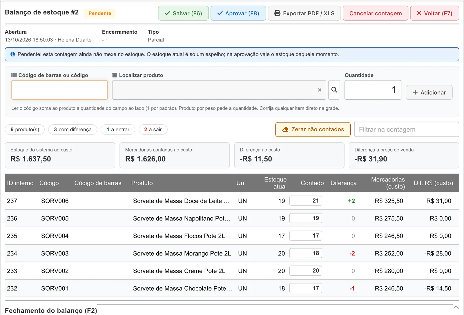 Balanço de estoque com contagem pendente de aprovação