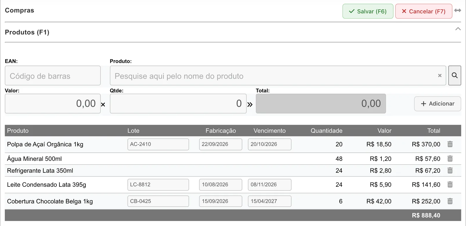 Compra com produtos, lotes e validade importados do XML do fornecedor