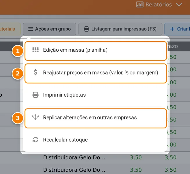 Menu Ações em grupo aberto sobre a lista de picolés, com os pontos 1 em Edição em massa (planilha), 2 em Reajustar preços em massa e 3 em Replicar alterações em outras empresas.