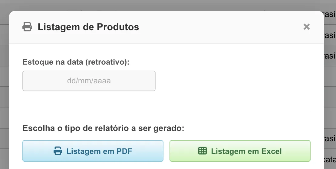 Janela Listagem de Produtos com o campo Estoque na data (retroativo) e os botões Listagem em PDF e Listagem em Excel