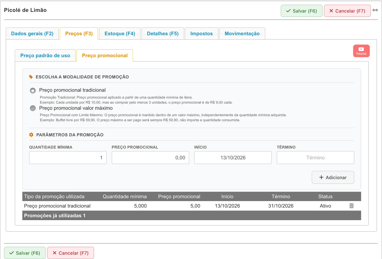 Preço promocional do produto com período e quantidade mínima
