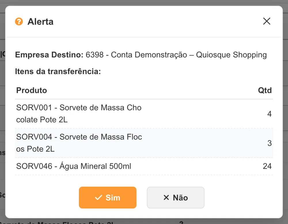 Janela de alerta com a empresa destino 6398 e a lista de itens da transferência com quantidades 4, 3 e 24, e os botões Sim e Não