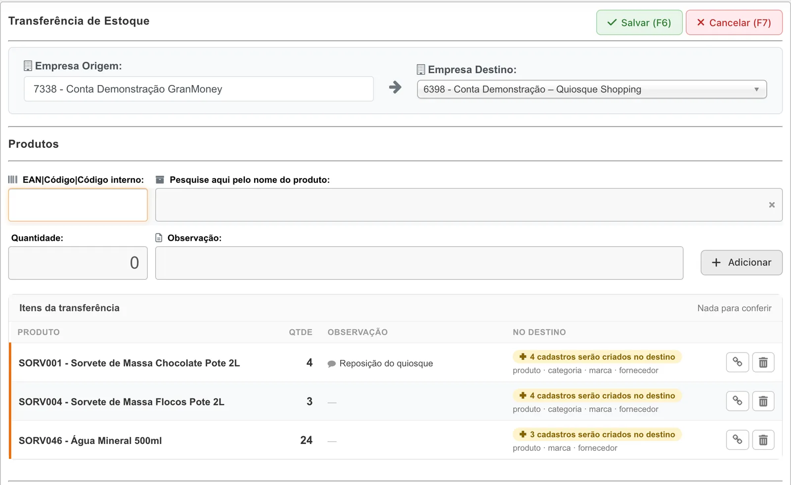 Tela Transferência de Estoque com empresa de origem 7338, destino 6398 – Quiosque Shopping, campos de produto, quantidade e observação, e itens Sorvete de Massa Chocolate (4), Flocos (3) e Água Mineral (24) com a indicação de cadastros que serão criados no destino
