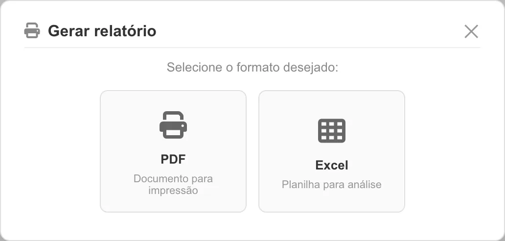 Janela Gerar relatório com as opções PDF, documento para impressão, e Excel, planilha para análise