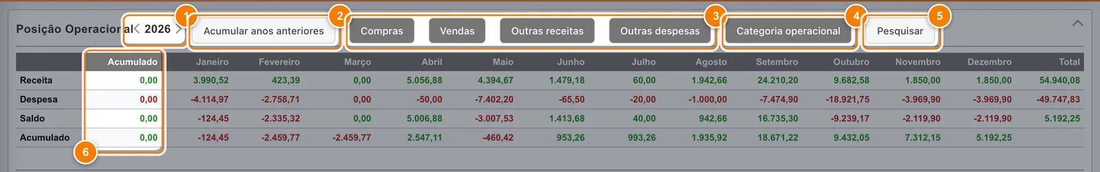 Tela Relatórios, Fluxo anual de 2026 com seis pontos: setas do ano, botão Acumular anos anteriores desligado, botões Compras, Vendas, Outras receitas e Outras despesas, botão Categoria operacional, botão Pesquisar e a coluna Acumulado zerada; em outubro, receita 9.682,58, despesa -18.921,75, saldo -9.239,17 e acumulado 9.432,05.