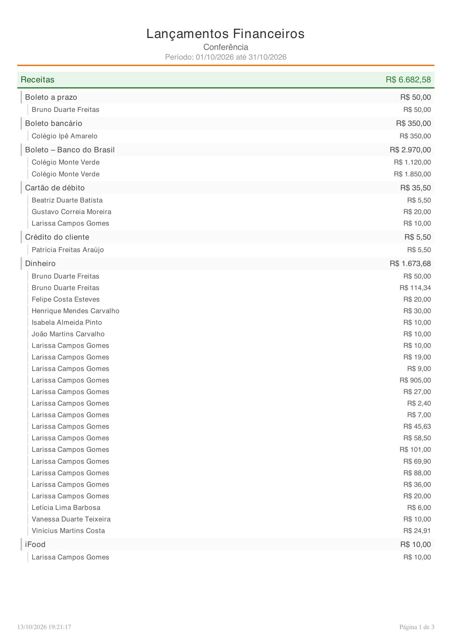 PDF Lançamentos Financeiros - Conferência de outubro de 2026, com receitas por forma de pagamento e os valores de cada cliente.