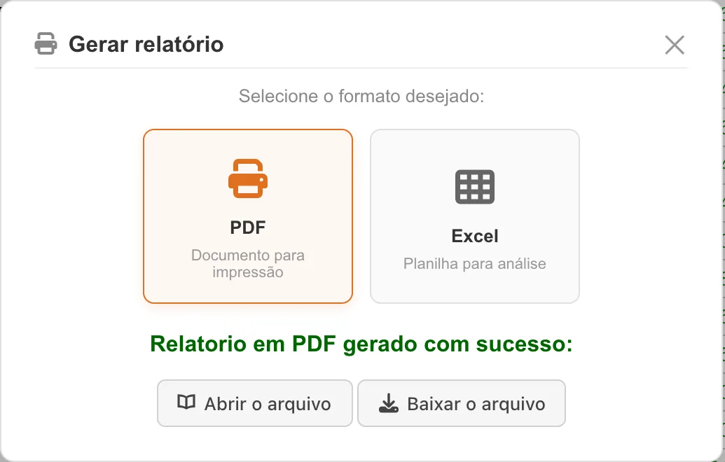 Janela Gerar relatório com as opções PDF e Excel e, após gerar o PDF, os botões Abrir o arquivo e Baixar o arquivo.