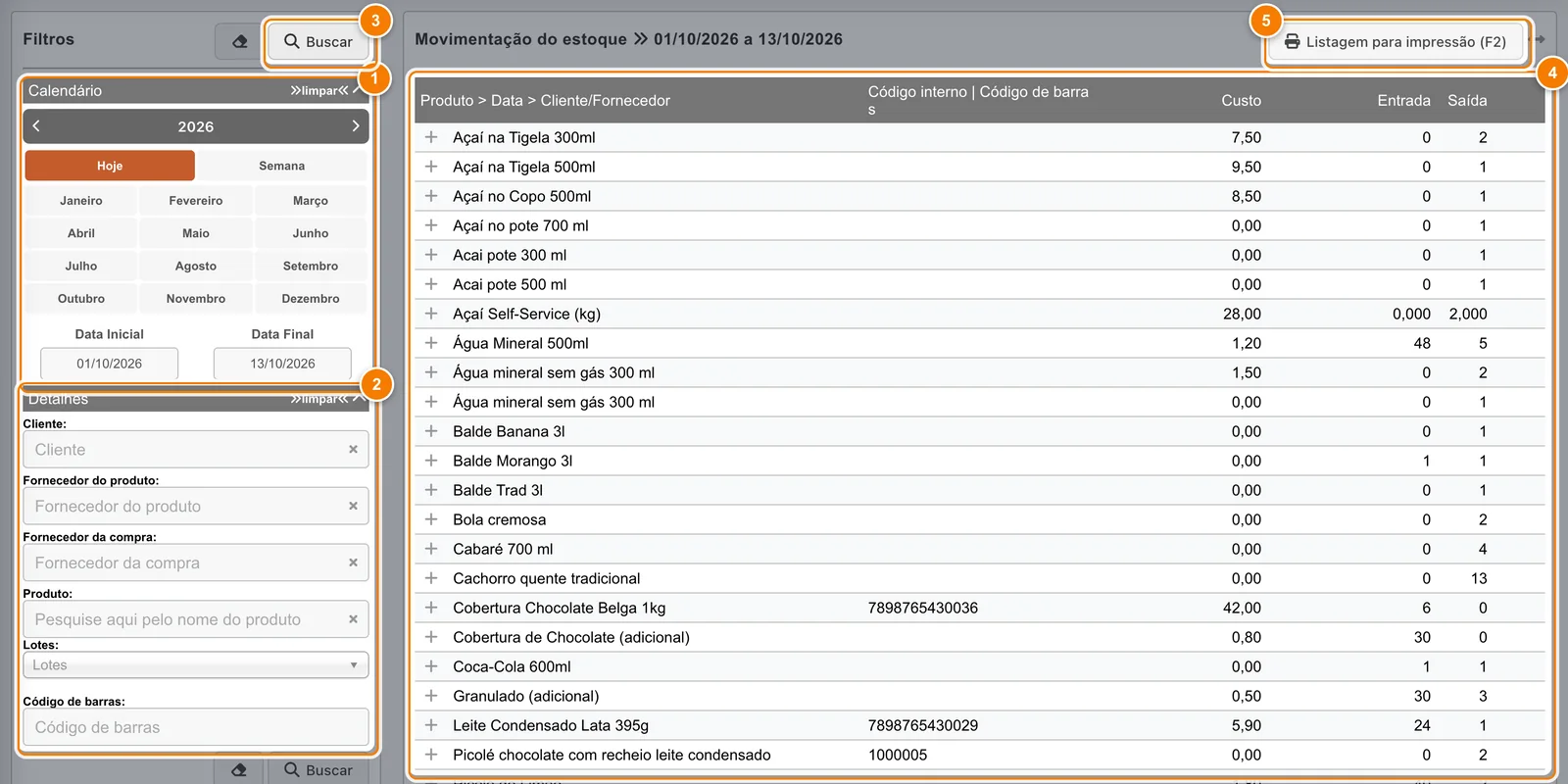 Movimentação do estoque de 01/10/2026 a 13/10/2026 com destaque numerado no calendário, nos filtros de Detalhes, no botão Buscar, na tabela de produtos com entradas e saídas e na Listagem para impressão