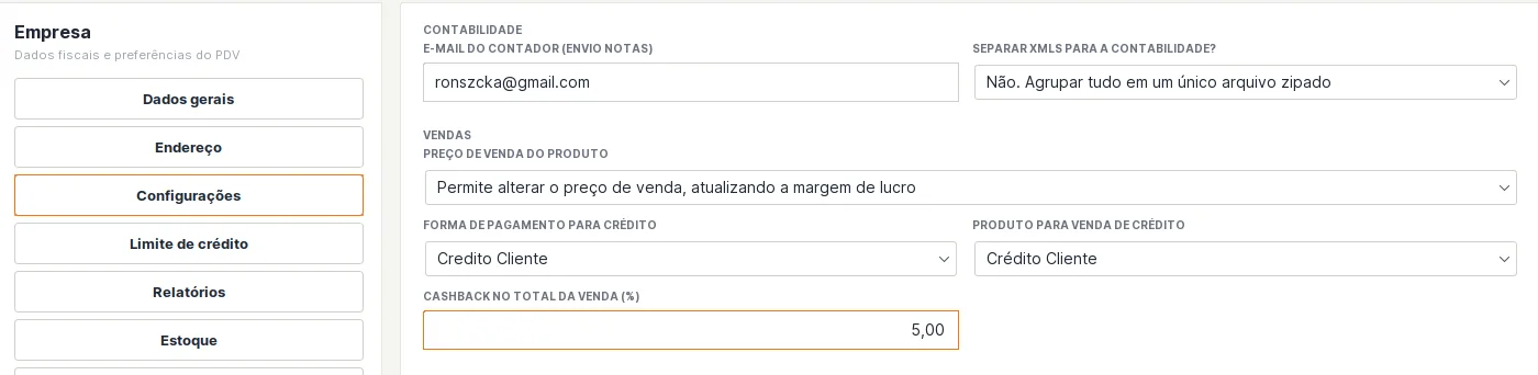 Tela Configurações da empresa no PDV com a seção Vendas: Forma de pagamento para crédito e Produto para venda de crédito como Crédito Cliente e o campo Cashback no total da venda (%) com 5,00