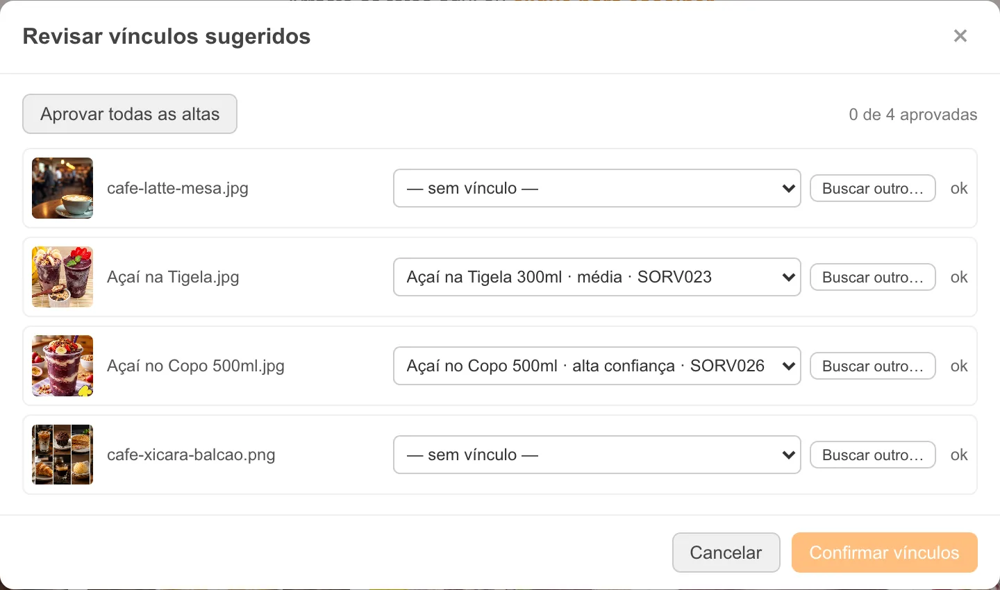 Janela Revisar vínculos sugeridos com uma sugestão de alta confiança, uma média e duas fotos sem vínculo