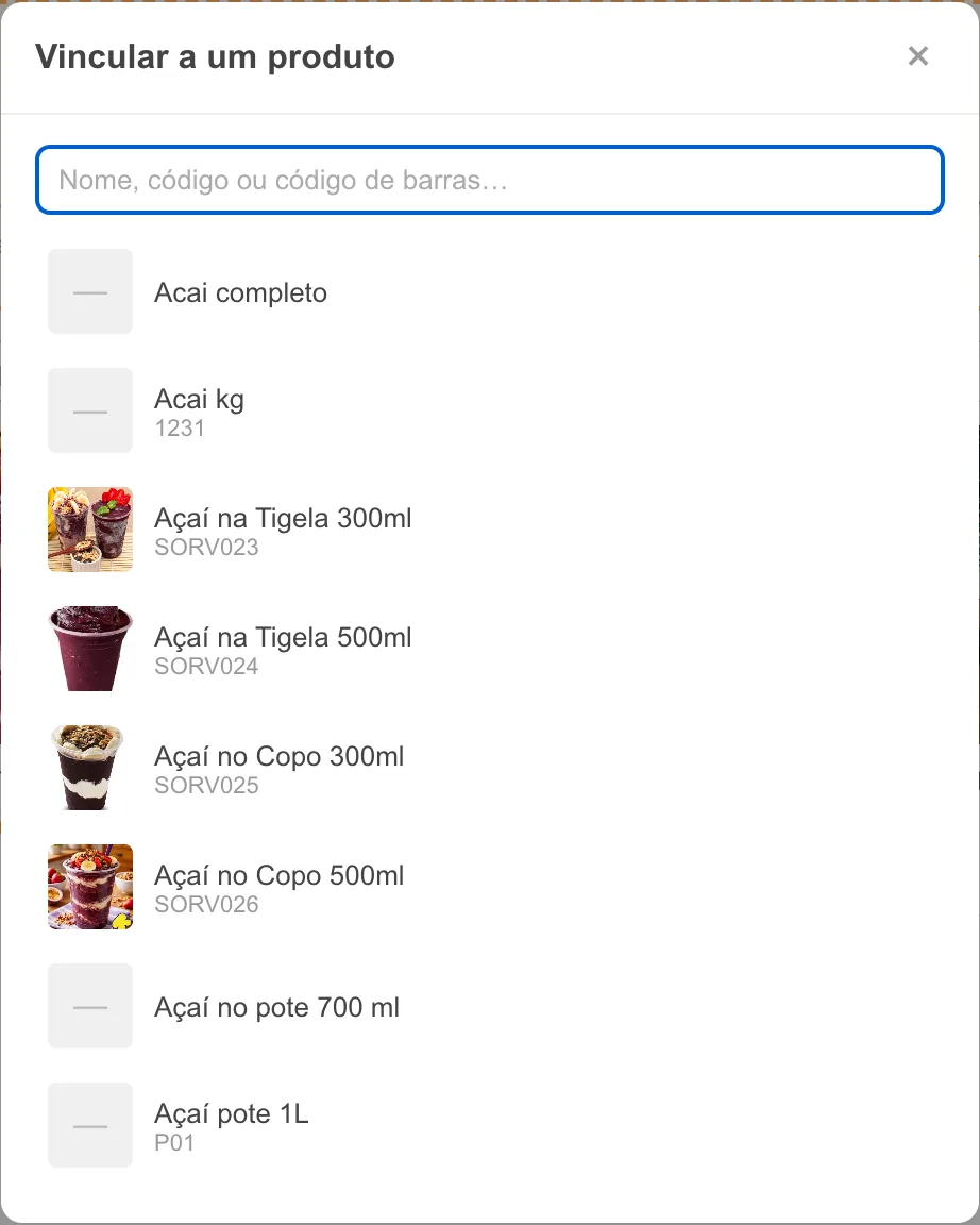 Janela Vincular a um produto com busca por nome, código ou código de barras e lista de produtos
