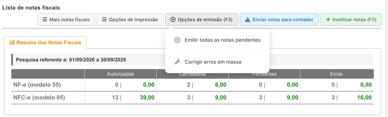 Menu Opções de emissão aberto com Emitir todas as notas pendentes e Corrigir erros em massa