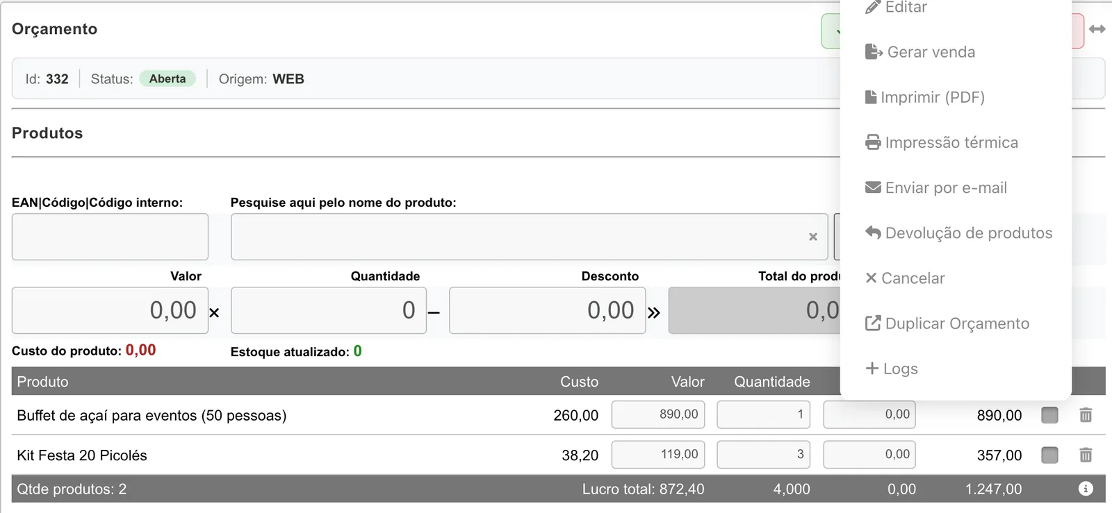 Orçamento com produtos, quantidades e valores antes de virar venda